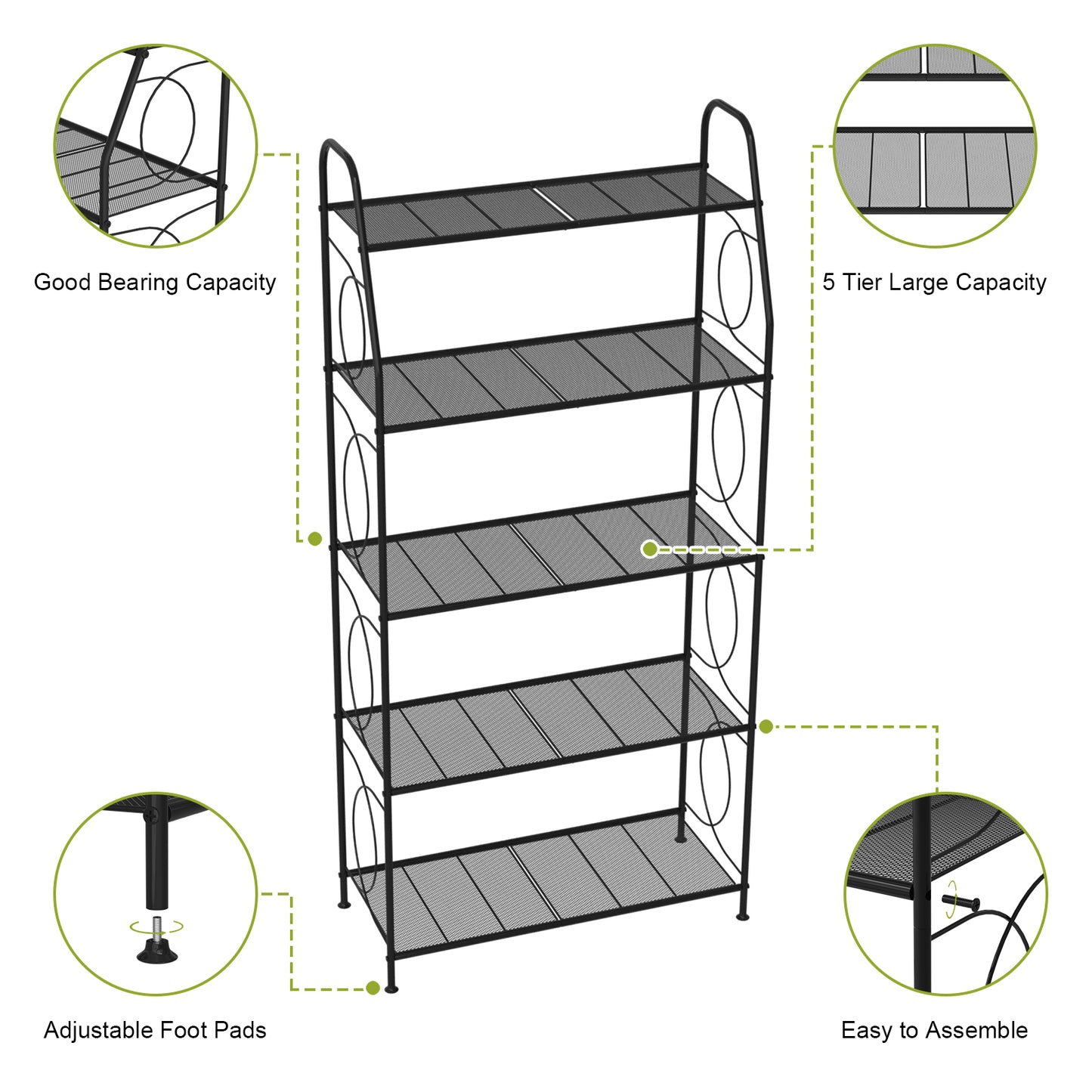 VyGrow 5 Tier Plant Stand Indoor Outdoor, Heavy Duty Plant Shelf, Metal Mesh Tall Plant Stands Holder Rack for Living Room Balcony and Garden, Black