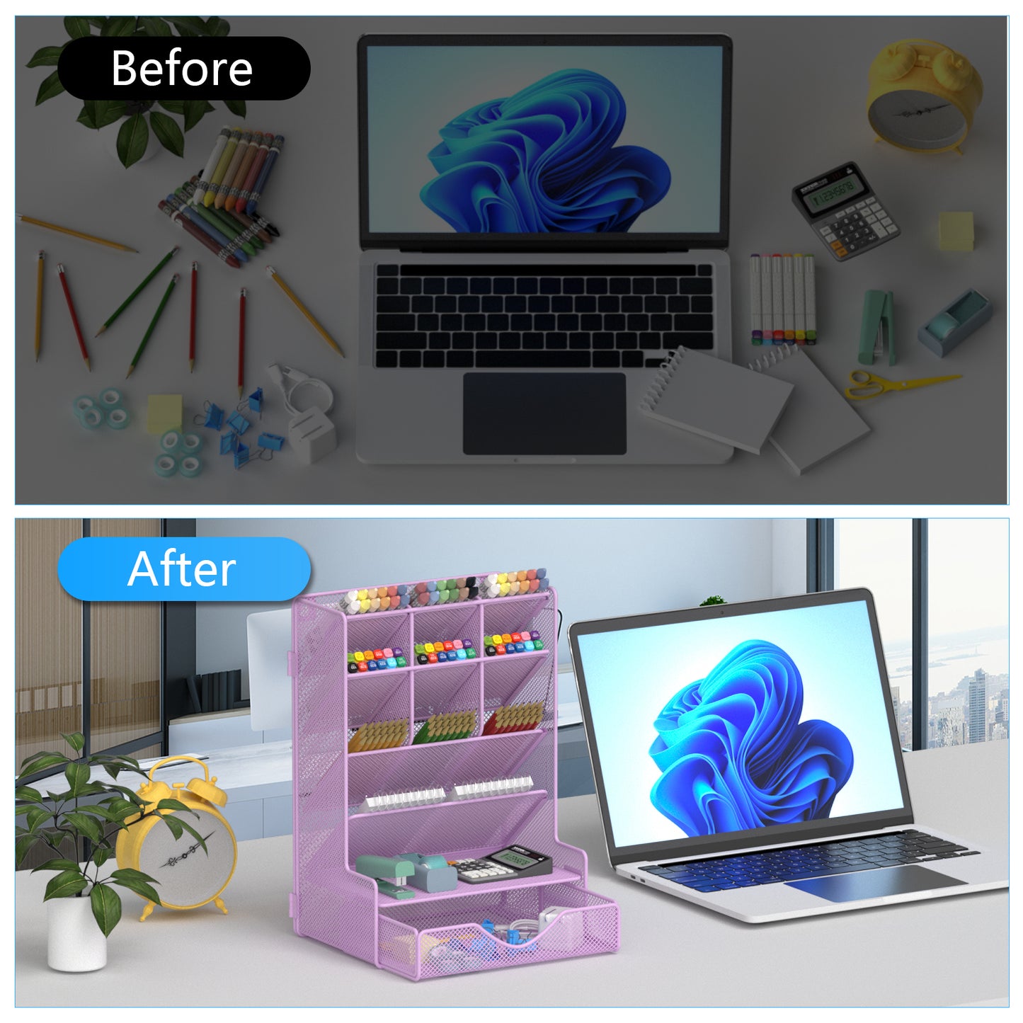 Pen Organizer for Desk, Multi-Functional Desk Organizer, Wall Mount Pen Holder with Drawer for School, Office, Home, Art Supplies, Black