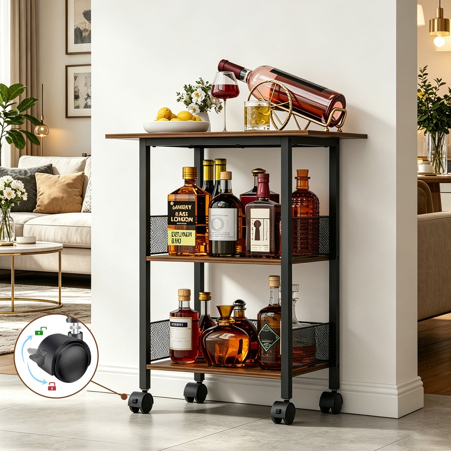 NEYCIL Freestanding Bar for Whiskey, 3-Tier Bar Cabinets Mini Bar Wine Table Whiskey Liquor Bottle Display Stand, Corner Cabinet for Kitchen, Dining Room, Living Room, Black