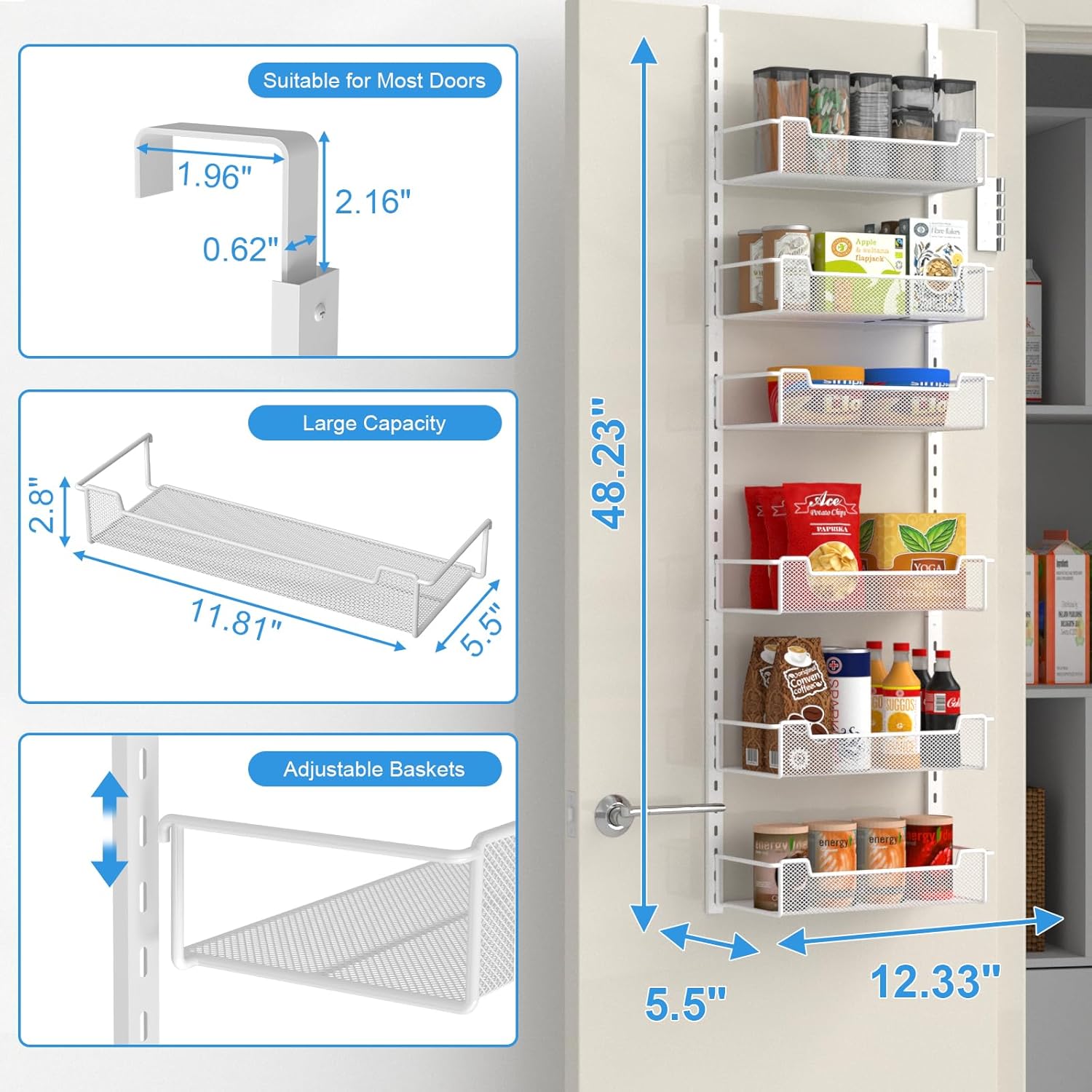 VyGrow Over the Door Pantry Organizer, 6-Tier Over the Door Organizer with Adjustable Basket, Pantry Door Organization for Pantry Kitchen Storage Room Spice Rack, White