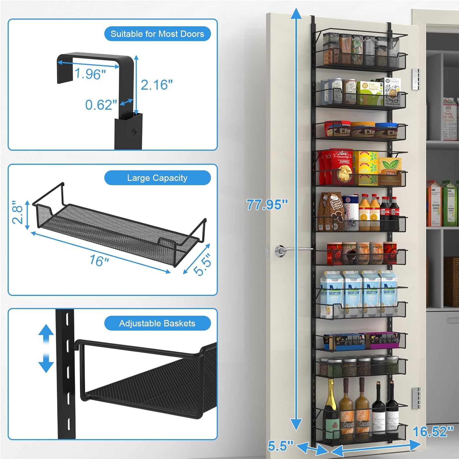 VyGrow Over the Door Pantry Organizer, 8-Tier Over the Door Organizer with Adjustable Basket, Pantry Door Organization for Pantry Kitchen Storage Room Spice Rack, Black