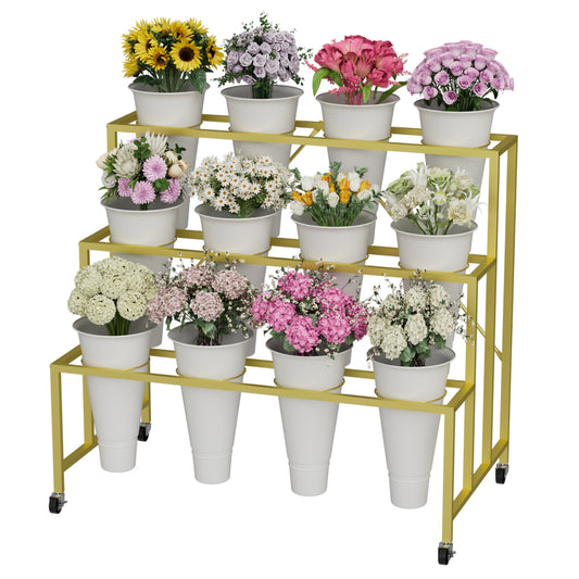 Flower Stand, 3-Tier Flower Display Stand with Buckets for Indoor Outdoor, Flower Cart Display Stand with Wheels for Courtyard, Balcony, Flower Shop, Wedding, Party, Exhibition (Gold)