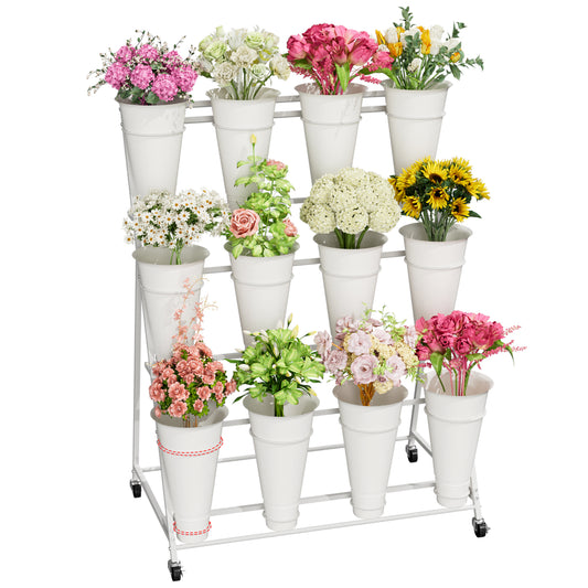 NEYCIL Flower Stand, 3 Tier Flower Display Stand with 12 Buckets, Upgrade Double Circle No Shaking, Outdoor Flower Cart with Wheels for Home, Patio, Garden, Shop, Wedding, Party, Exhibition, Indoor, White