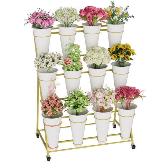 Flower Stand, 3 Tier Flower Display Stand with 12 Buckets, Upgrade Double Circle No Shaking, Outdoor Flower Cart with Wheels for Patio, Garden, Shop, Wedding, Party, Exhibition, Indoor, Gold