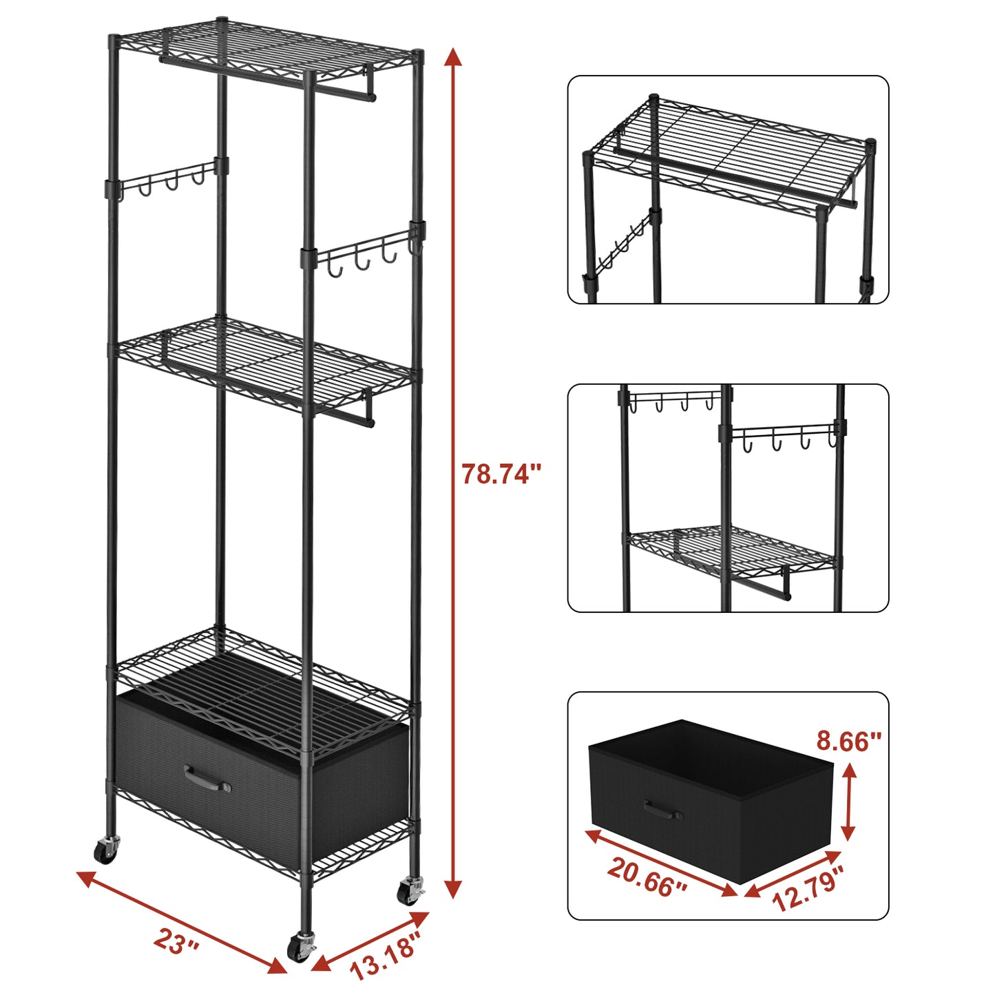 VyGrow Clothes Rack, Clothing Rack for Hanging Clothes, Kids Clothes Rack, 4 Tiers Adjustable Closet Organizer with Drawer | Double Rods | Side Hooks | Load 445lbs | ‎13.18" D x 23" W x 78.74" H
