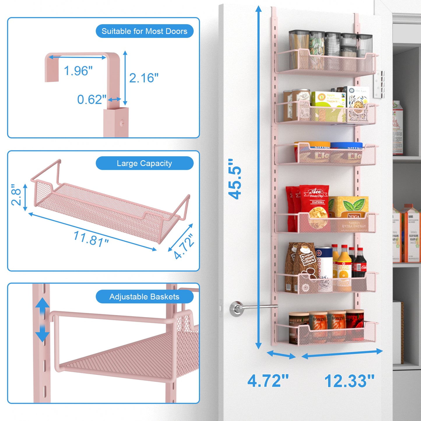 VyGrow 12.3" W Narrow Over the Door Pantry Organizer, 6-Tier Over the Door Organizer with Adjustable Basket, Pantry Door Organization for Pantry Kitchen Storage Room Spice Rack, Pink