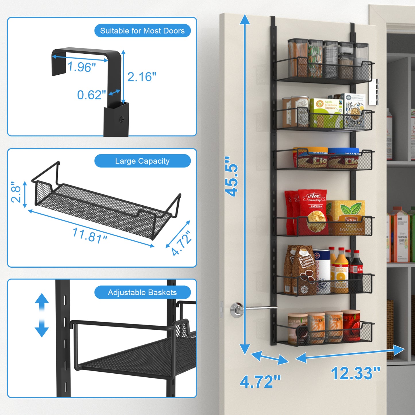 VyGrow 12.3" W Narrow Over the Door Pantry Organizer, 6-Tier Over the Door Organizer with Adjustable Basket, Pantry Door Organization for Pantry Kitchen Storage Room Spice Rack, Black