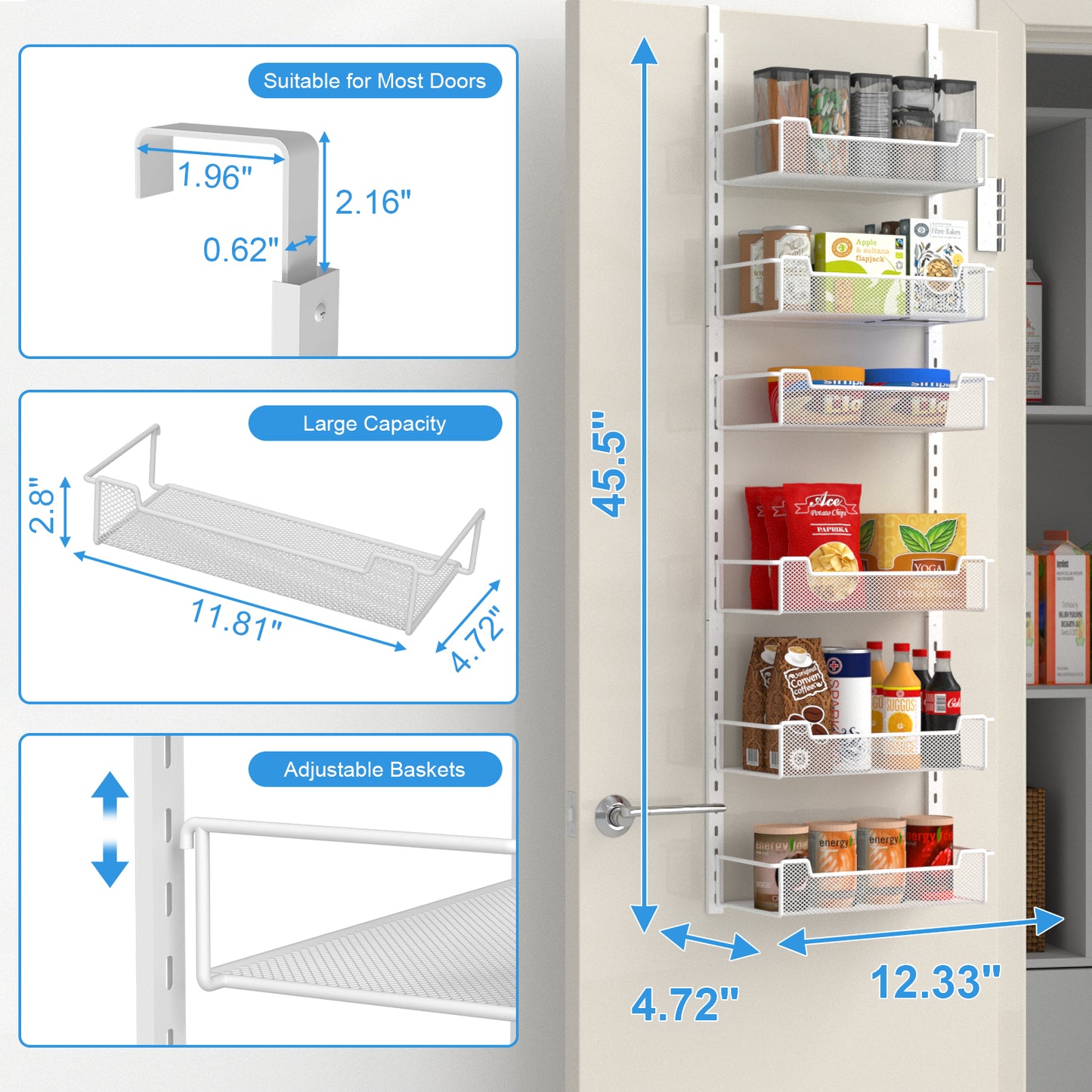 VyGrow 12.3" W Narrow Over the Door Pantry Organizer, 6-Tier Over the Door Organizer with Adjustable Basket, Pantry Door Organization for Pantry Kitchen Storage Room Spice Rack, White